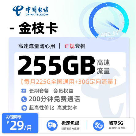 电信金枝卡29元享225G全国通用+30G定向流量+200分钟通话