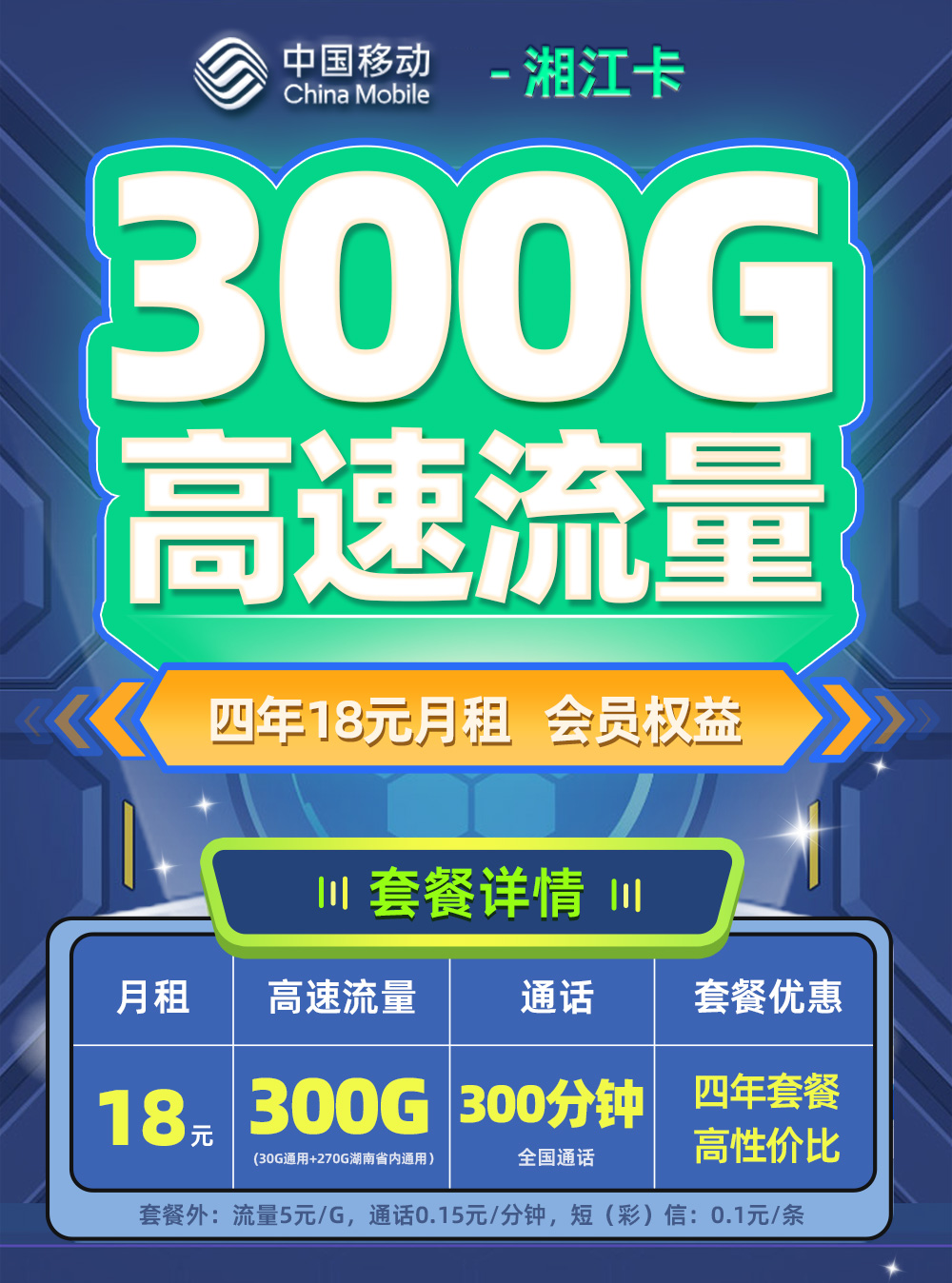 移动湘江卡18元月享300G流量+300分钟通话  第1张