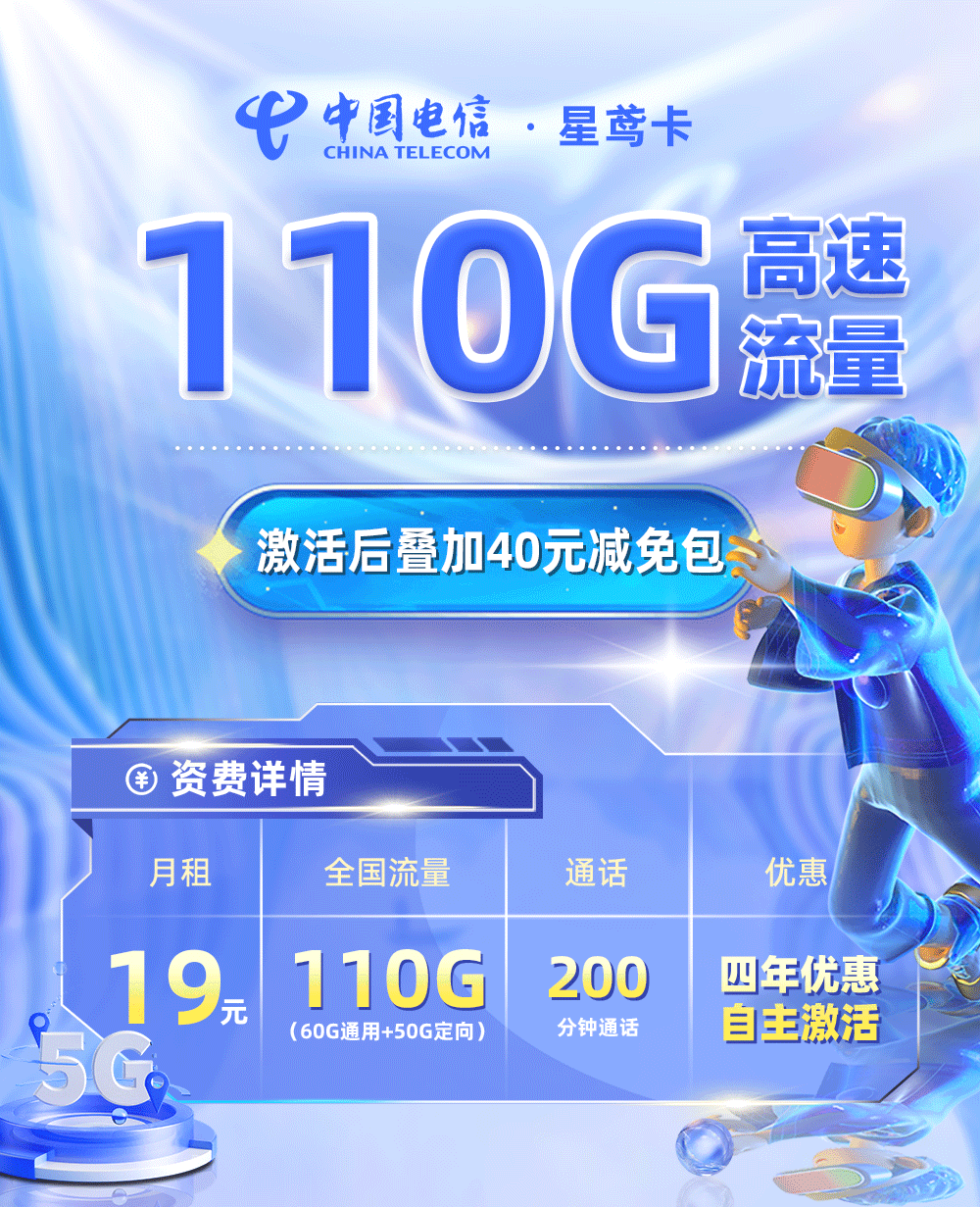 电信星鸢卡19元享60G通用流量+50G定向流量+200分钟通话  第1张
