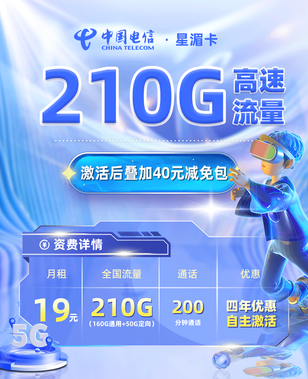 电信星湄卡19元/月享160G通用流量+50G定向流量+200分钟通话【四川专属】  第1张