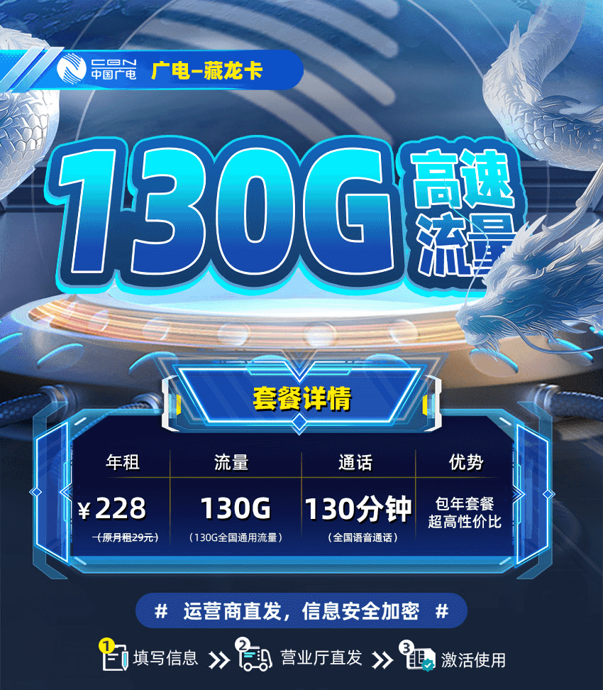 广电藏龙卡228包年套餐月享全国130G流量+130分钟全国通话  第1张