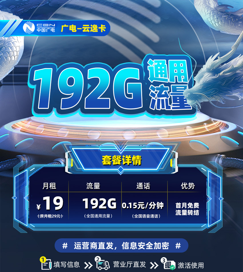 广电云逸卡19元/月享192G全国通用+0.15元/分钟通话  第1张