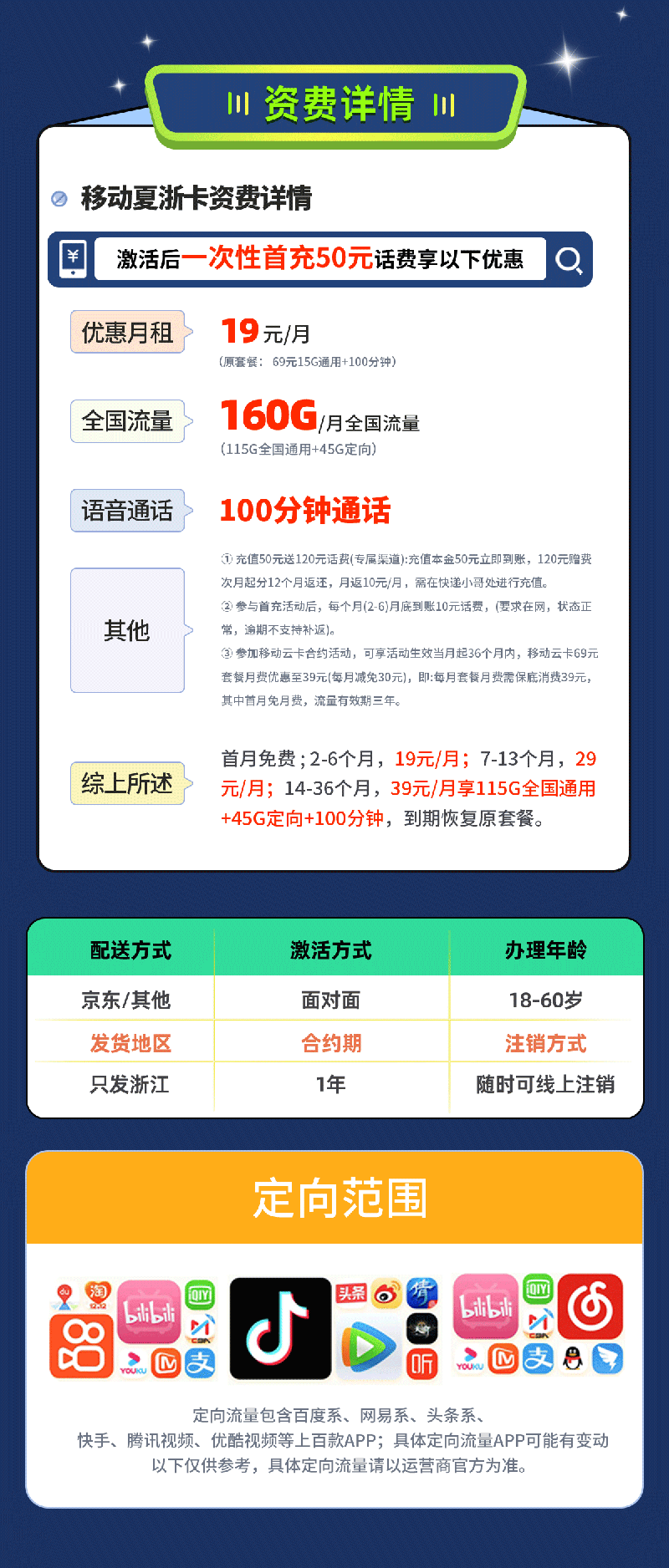 移动夏浙卡19元/月享160G流量+100分钟通话  第2张